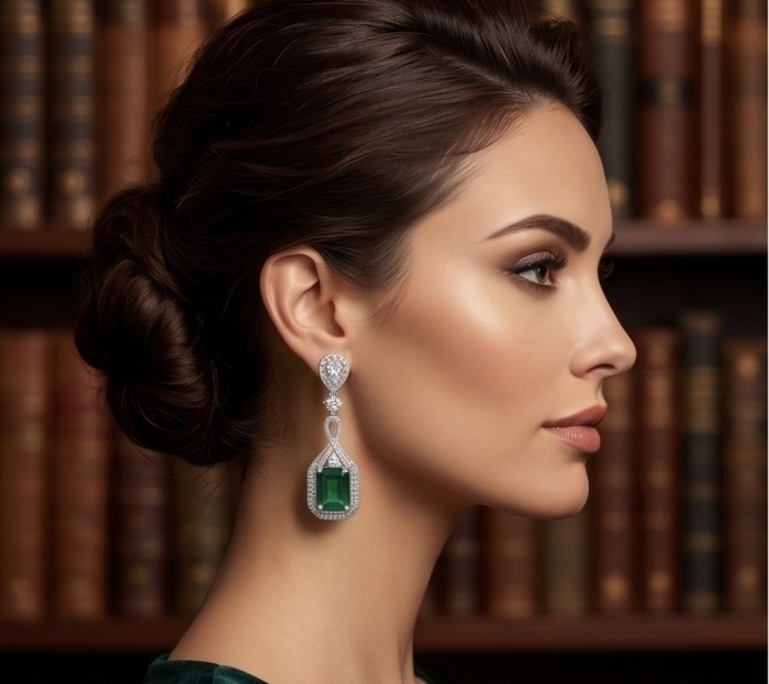 Valentina 8.2 carat Emerald .925 Sterling Silver dipped in rhodium Statement handcrafted earrings - Side view of Valentina 8.2 carat Emerald earrings worn.