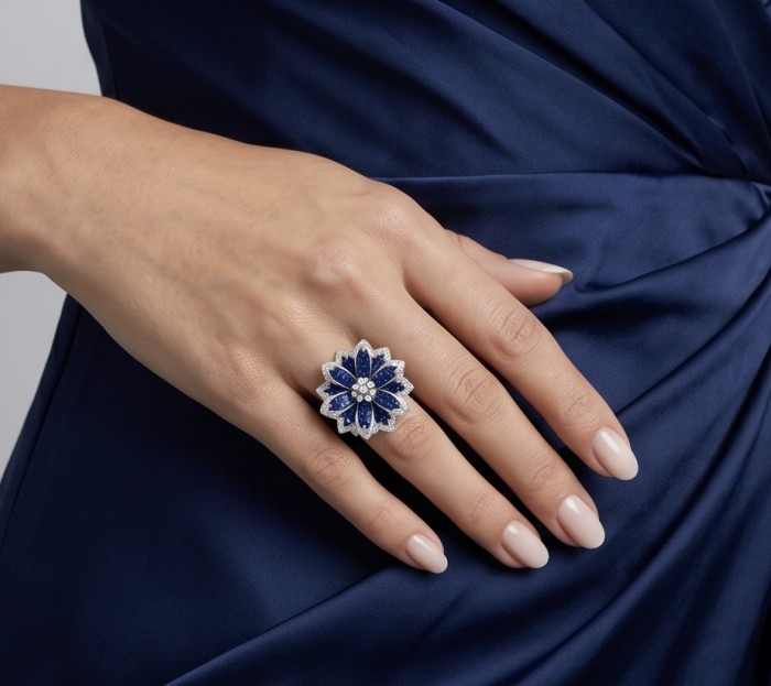 Born to Glam mystery setting 12.2 carat natural Sapphire .925 Sterling Silver Perfectly handcrafted Ring s. 8 - Ring with 12.2 carat Sapphire worn on hand, elegant blue dress backdrop.