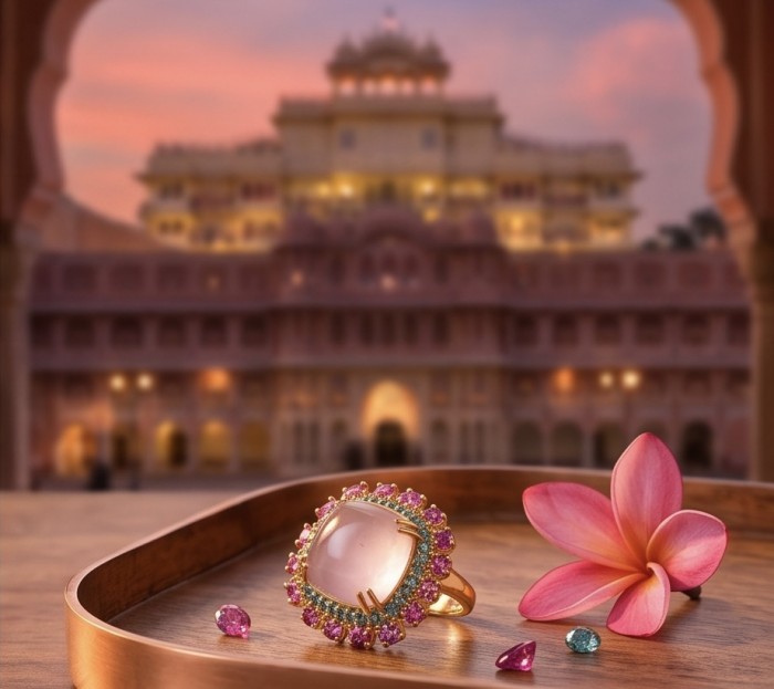 Scarlett 12.9 carat Rose Quartz 18K Rose Gold over .925 Sterling Silver handcrafted Statement Ring size 7 - Rose Quartz ring with flower and gemstones, architectural backdrop.