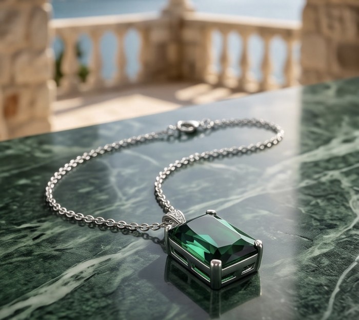Tiffany - Authentic 29.5 CARAT Chrome Diopside .925 Sterling Silver handcrafted necklace - Emerald-cut green gemstone necklace on marble surface.