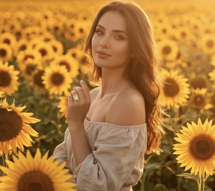Solid 8.8 carat Genuine Yellow Sapphire .925 Sterling Silver handcrafted ring size 6 1/4 - Woman in sunflower field wearing 8.8 carat yellow sapphire ring on hand.