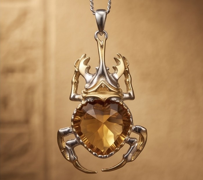 Authentic 15.9 catat Champagne Topaz Scarabaeus 18K Gold over .925 Sterling Silver handmade Pendant - Gold scarab pendant with champagne topaz, front view.