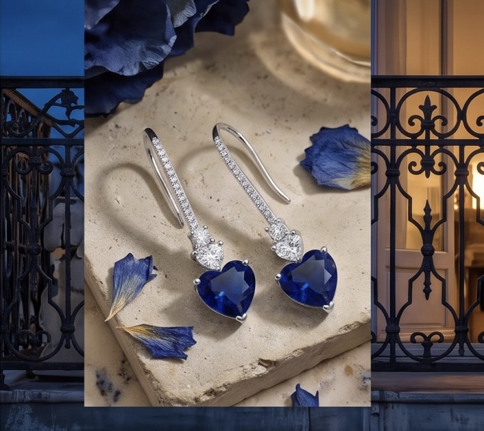Vintage style - Giovanna - 6.8 carat Sapphire .925 Sterling Silver handcrafted earrings - Heart-shaped sapphire earrings side view with petal accents.