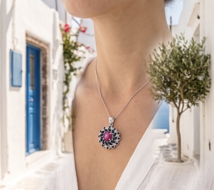 15.2 carat authentic Mozambique Star Ruby rhodium over .925 Sterling Silver handmade Pendant - Necklace with Mozambique Star Ruby worn on neck, outdoor background