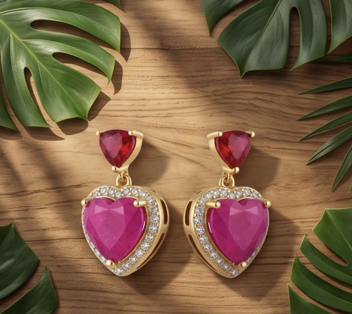 Genuine 5.4 carat Ruby 14K Gold over .925 Sterling Silver handcrafted Statement Earrings - Heart-shaped ruby earrings on wood background with leaves