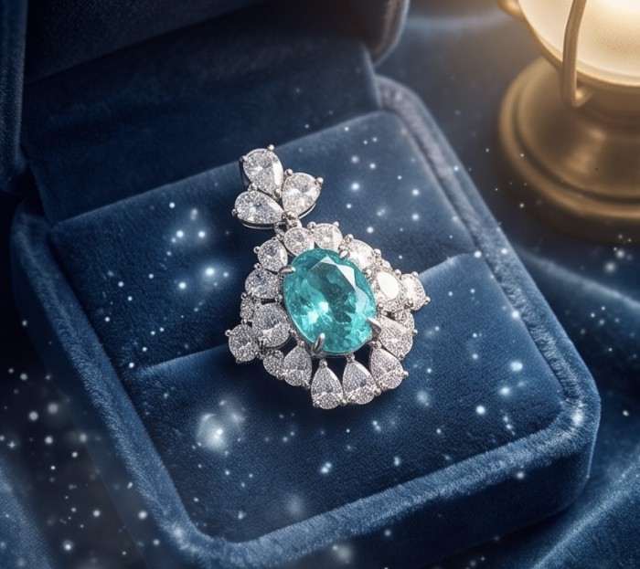 Royal Gem 4.2 carat Paraiba Tourmaline 5.2 Moissanite .925 Sterling Silver handmade Pendant - Paraiba tourmaline pendant close-up in velvet box with moissanite accents.