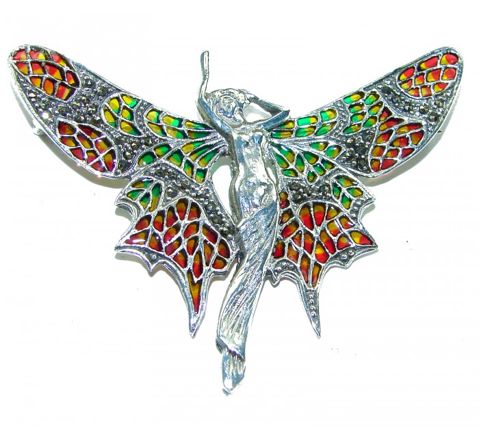 Natural Enamel Elf .925 Sterling Silver Brooch Pendant - Sterling silver brooch pendant, front view, vibrant enamel detailing.