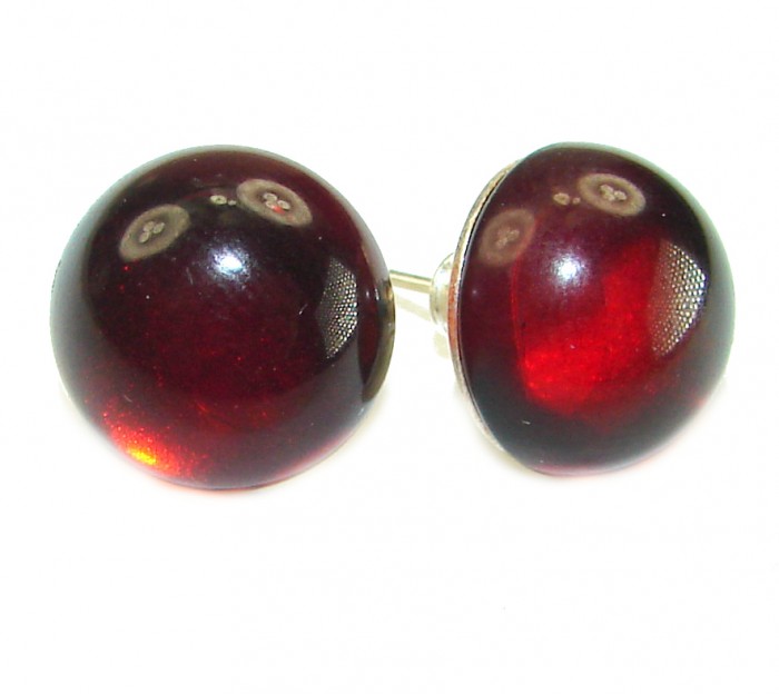 Natural Cognac Amber .925 Sterling Silver handmade earrings - Close-up of cognac amber earrings on white background.