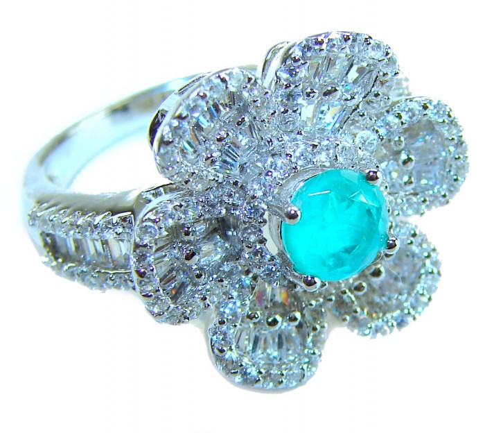 Royalty 2.2 carat round cut Emerald .925 Sterling Silver entirely handmade Statement ring; s. 6 - Close-up of Royalty emerald ring in sterling silver, side angle view.