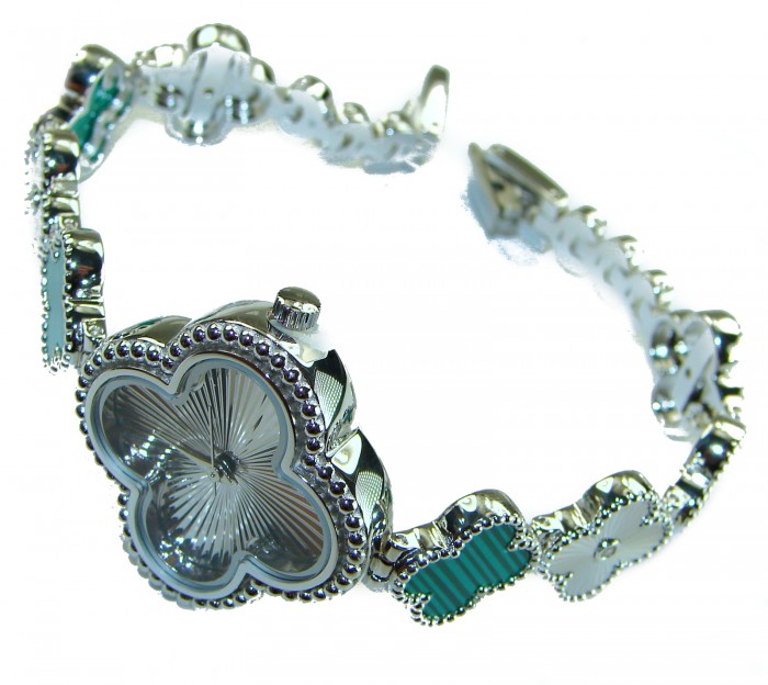 Precious Lucky Four Leaf Clover Authentic Malachite .925 Sterling Silver handmade Bracelet Watch - Four-leaf clover watch, angled side view, silver and malachite details.