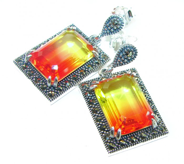 Tiffany 17.5 carat Ametrine Marcasite .925 Sterling Silver HANDCRAFTED Earrings - Close-up of Tiffany Ametrine Marcasite Sterling Silver earrings