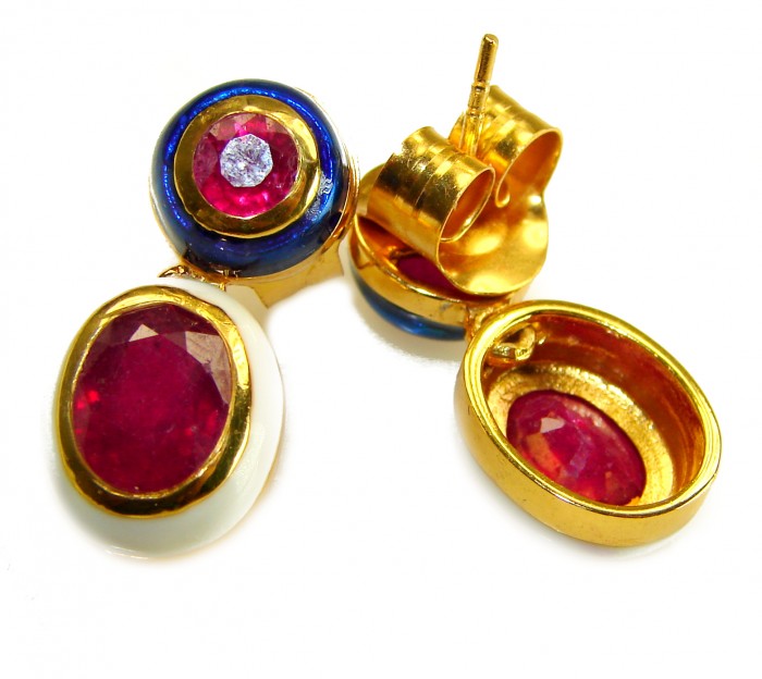 Countless Blessings Genuine 4.5 carat Authentic Ruby enamel 18K Gold over .925 Sterling Silver handcrafted earrings - Close-up of ruby earrings with gold and enamel accents