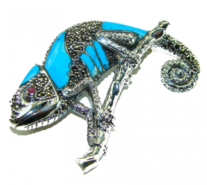 Spectacular Big Chameleon Lizard inlay Turquoise .925 Sterling Silver handmade Brooch - Chameleon brooch with turquoise inlay, side view.