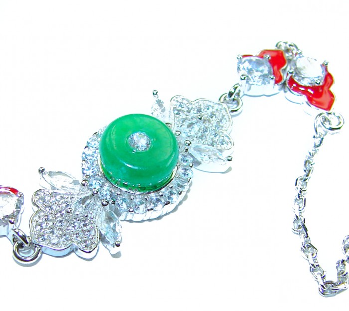 Purity and Harmony Precious genuine 6.5 carat Jade .925 Sterling Silver handcrafted Bracelet - Close-up of jade centerpiece with crystal accents on bracelet