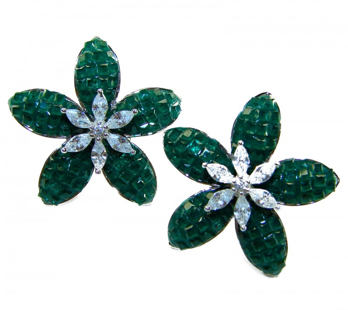 Incredible green Flowers genuine 10.5 CARAT Emerald .925 Sterling Silver handcrafted Earrings - Emerald flower earrings with diamond center stones, front view.