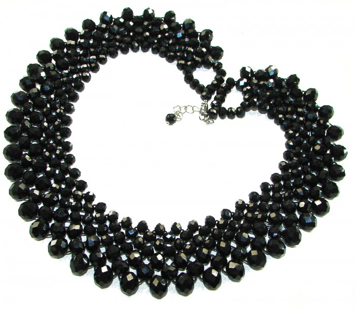 Rachel 250 carat Authentic Onyx .925 Sterling Silver handmade Necklace - Black onyx necklace with sterling silver clasp, top view.