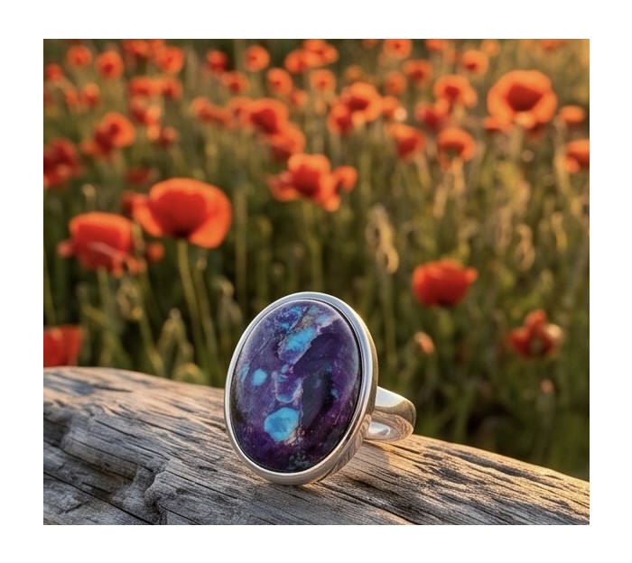 Purple Turquoise .925 Sterling Silver handcrafted ring; s. 7 - Purple turquoise ring stone close-up on wood, poppy field background
