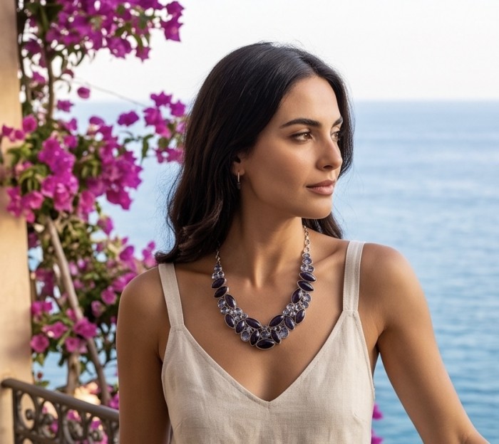 Luna 88.5 carat authentic Kyanite .925 Sterling Silver handcrafted MASSIVE STATEMENT Necklace - Woman wearing Luna Kyanite necklace with sea view background.