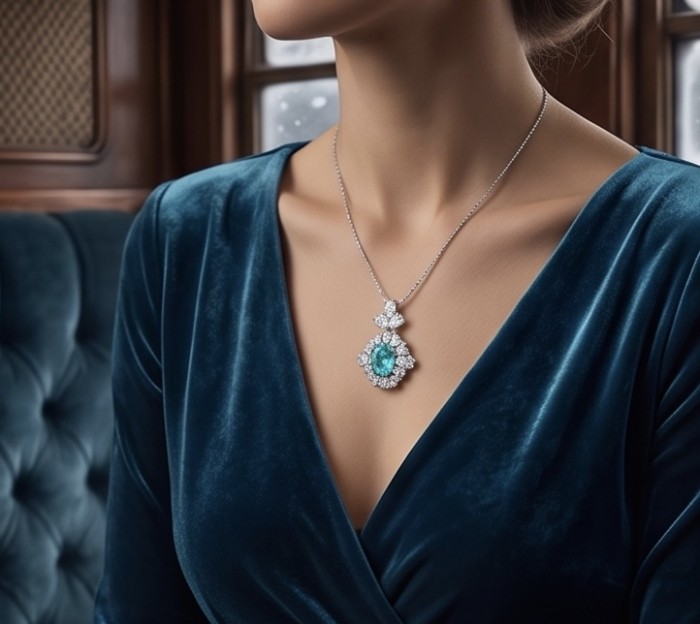 Royal Gem 4.2 carat Paraiba Tourmaline 5.2 Moissanite .925 Sterling Silver handmade Pendant - Necklace with Paraiba Tourmaline and Moissanite worn on woman in blue dress.