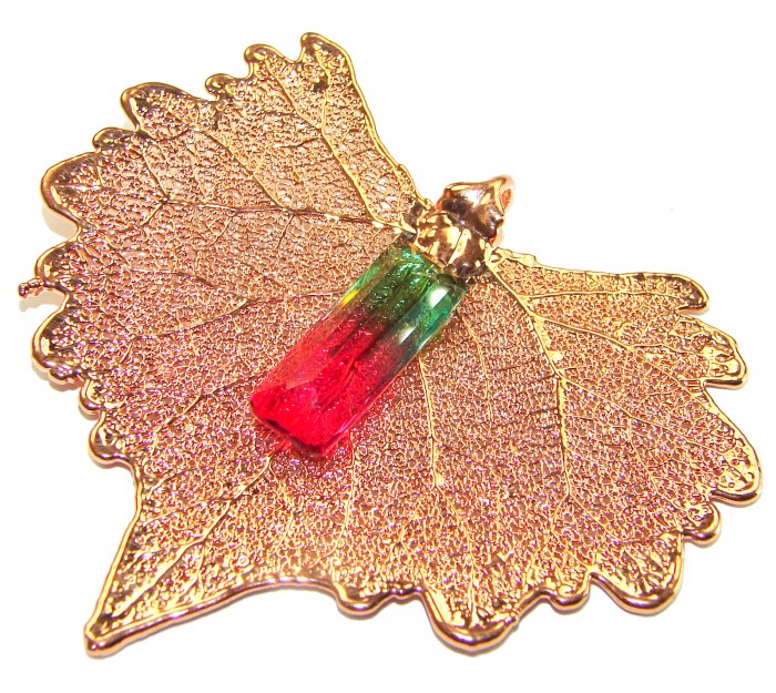 Stylish REAL Leaf Coved with Sterling Silver and 14K Gold 14.5 carat Tourmaline & .925 Sterling Silver Pendant - photo 3