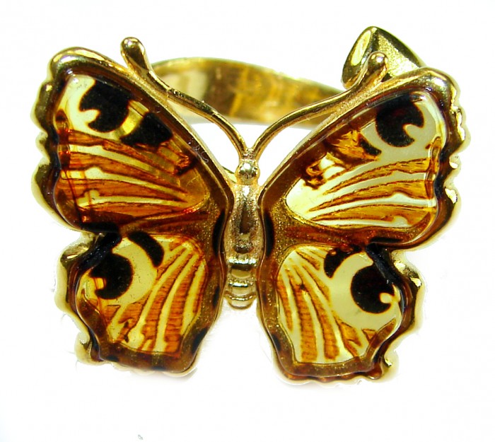 Butterfly Authentic Baltic Amber 14K Gold over.925 Sterling Silver handcrafted ring; s. 8 adjustable - Butterfly ring front view, amber wings, gold over sterling silver.