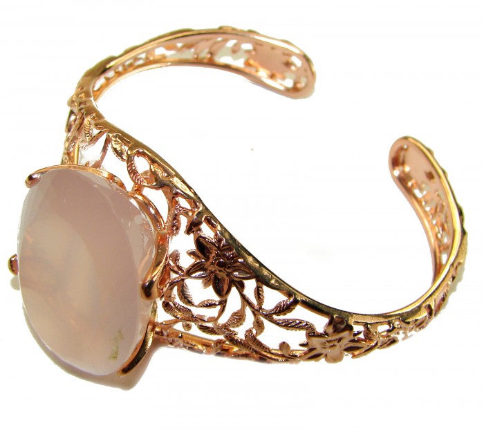 Vintage Beauty Genuine 49.2 carat Brazilian Rose Quartz Rose quartz 18K Gold over .925 Sterling Silver handcrafted Bracelet / Cuff - Side view of vintage bracelet with Brazilian rose quartz centerpiece.