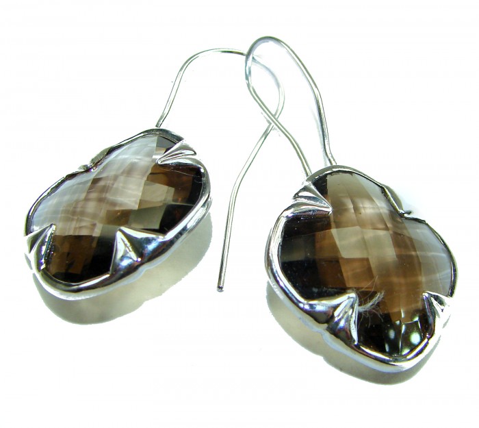 Alessandra 22.5 carat Champagne Smoky Topaz .925 Sterling Silver handmade Earrings - Earrings with Champagne Topaz stones in side view, sterling silver setting.