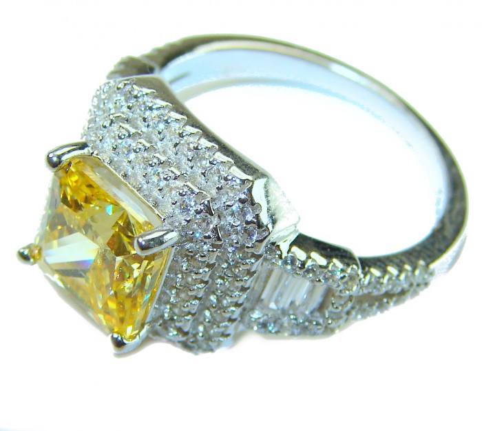 Splendid princess cut 6.2 carat yellow Sapphire .925 Sterling Silver brilliantly handcrafted ring s. 7 - Side view of yellow sapphire ring with diamond accents
