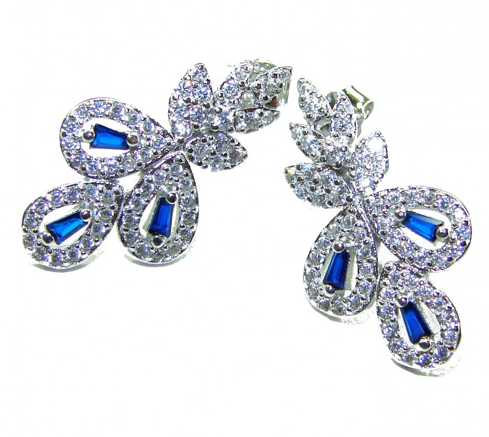 Art Deco - Luxurious natural 2.5 carat Sapphire .925 Sterling Silver Perfectly handcrafted earrings - Art Deco earrings with blue sapphires, front view.