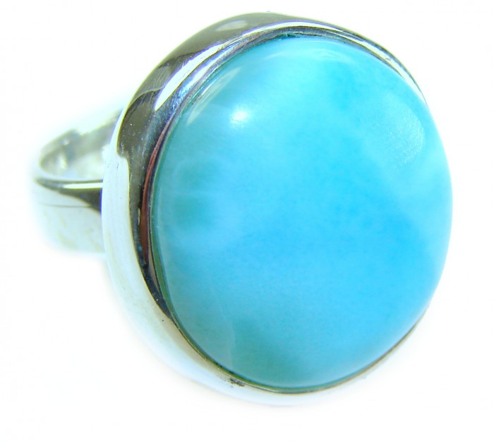Blue Perfection AUTHENTIC Larimar .925 Sterling Silver handmade Large ring size 8 adjustable - Close-up of blue Larimar stone in .925 sterling silver ring setting.