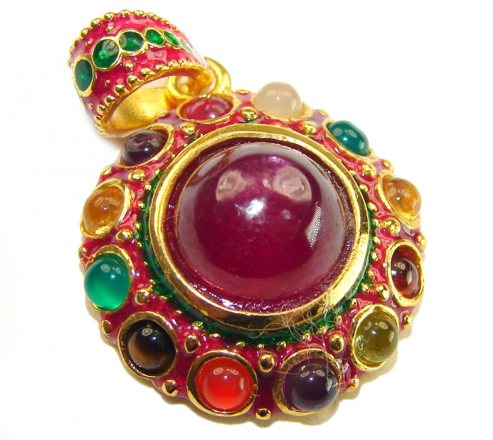 Circle of Life Deluxe 9.2 carat authentic Ruby enamel 18K Gold over .925 Sterling Silver handmade Pendant - Close-up of ornate pendant with central ruby and colorful surrounding stones.