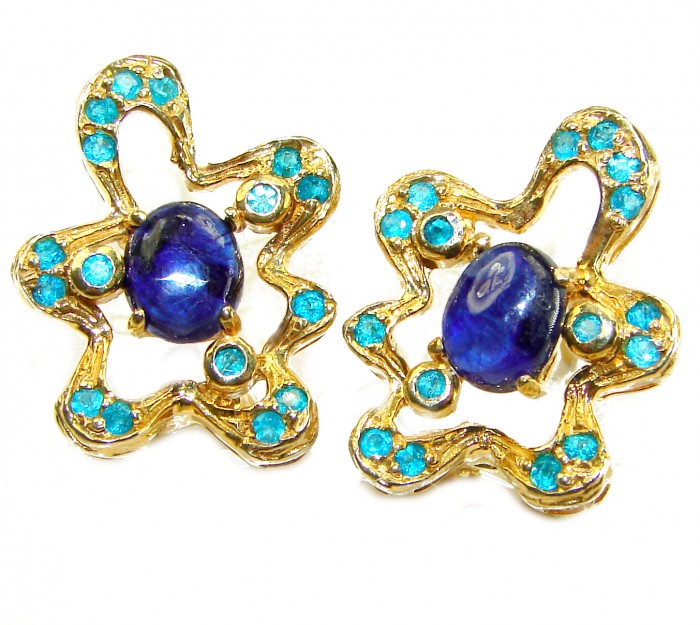 Best quality 5.5 carat African Kyanite 14K Gold over .925 Sterling Silver handcrafted earrings - Gold earrings with blue African Kyanite, top view.