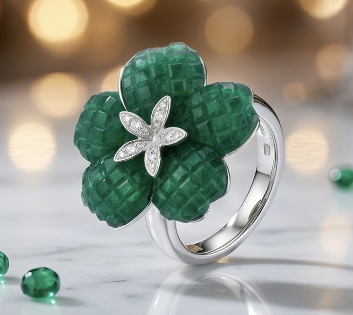 Born to Glam mystery setting 19.2 carat natural Emerald .925 Sterling Silver Perfectly handcrafted Ring s. 7 1/2 - Close-up of emerald flower ring, silver band, diamond accents, tabletop.