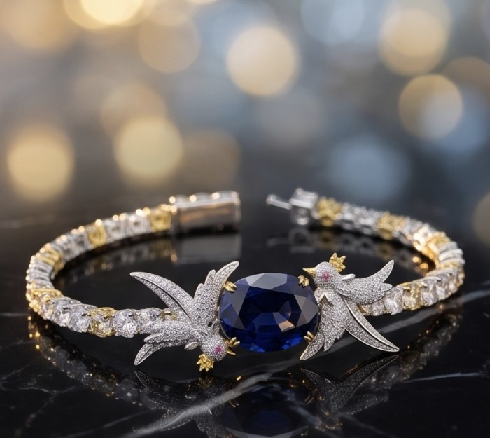 Freedom - Bird on a Rock 15.1 carat BRAZILIAN SAPPHIRE 22K Gold over .925 Sterling Silver handmade Bracelet - Bracelet side view with birds and 15.1 carat Brazilian sapphire