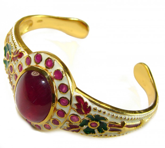 Floral Design Genuine 22.5 carat Ruby Enamel 18K Gold over .925 Sterling Silver Bracelet / Cuff - photo 3