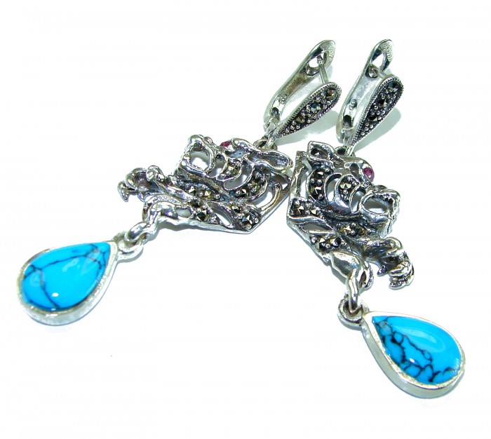 Spectacular Panthers Blue Turquoise .925 Sterling Silver handcrafted Earrings - photo 2