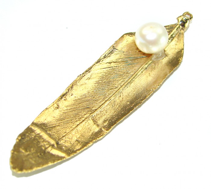 Stylish REAL Leaf dipped in Sterling Silver and 14K Pearl & .925 Sterling Silver Pendant - photo 3