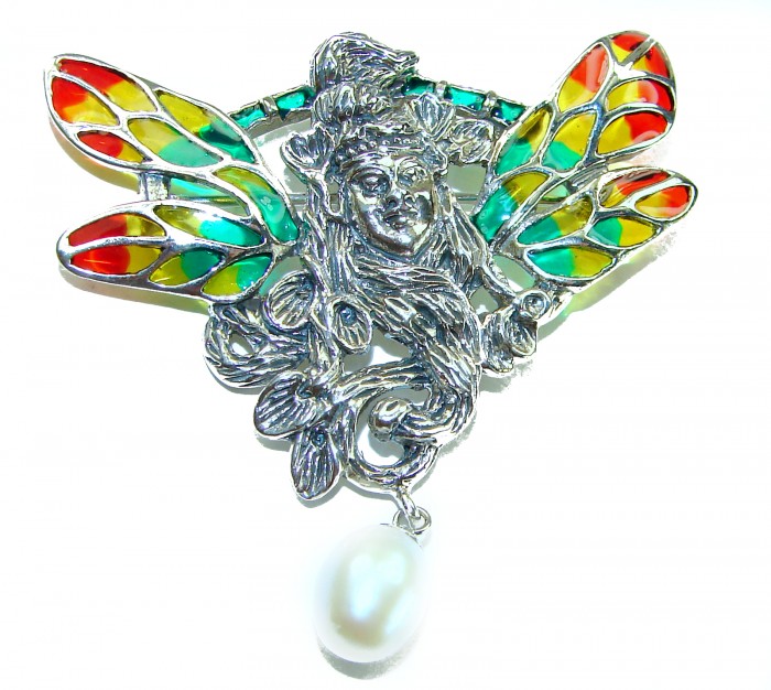Mother Nature genuine Enamel Pearl .925 Sterling Silver handmade Pendant - Brooch - Colorful enamel fairy brooch with pearl detail on white background.
