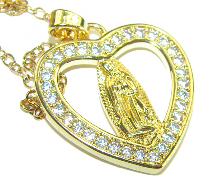 Holy Mary - Vintage design - 10K Gold over 925 Sterling Silver handcrafted Necklace - Heart pendant with Holy Mary, front view, gold with crystal accents.