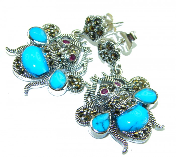 Blue Bees inlay Turquoise Ruby Marcasite .925 Sterling Silver Handcrafted earrings - Turquoise and ruby bee earrings with marcasite, top view.