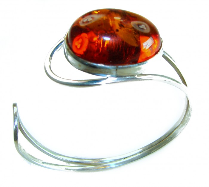 Classy Design Genuine BEST QUALITY Baltic Amber .925 Sterling Silver handamde Bracelet / Cuff - Side view of sterling silver bracelet with Baltic amber stone.