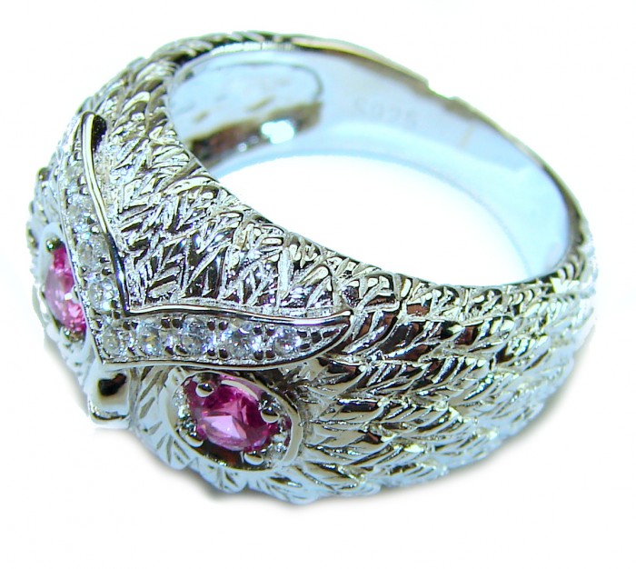 Owl 2.1 carat Pink Tourmaline Eyes .925 Sterling Silver dipped in real Gold handmade Ring size 7 1/4 - Owl ring with pink tourmaline eyes, side view detail.