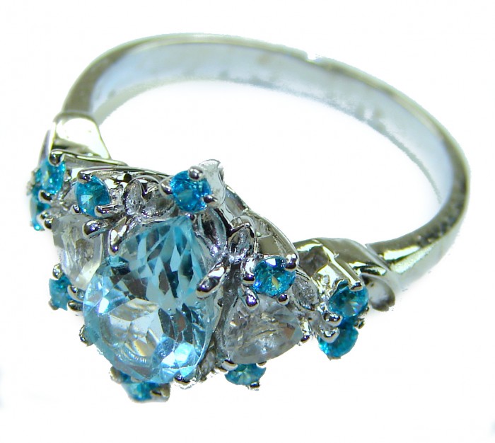 Gabriella - Luxurious 9.5 carat Swiss Blue Topaz .925 Sterling Silver handcrafted Cocktail Ring s. 8 - Side view of a luxurious Swiss Blue Topaz sterling silver ring