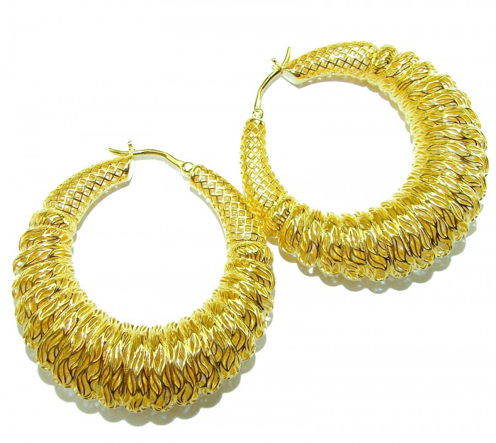 Black Label Collection - Dubai Style - Natural 22K Gold over .925 Sterling Silver handmade hoop earrings - Dubai Style 22K Gold Hoop Earrings, top view showing intricate texture.
