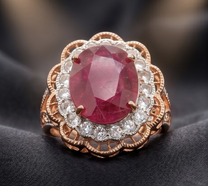 Blooming Rose Natural 18.8 carat Mozambique Ruby 22 Rose Gold .925 Sterling Silver handmade Statement Ring size 5 1/4 - Close-up of Blooming Rose 18.8 carat Mozambique Ruby ring on dark fabric.