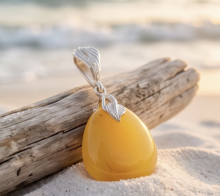 Prehistoric Authentic Golden Butterscotch Baltic Amber .925 Sterling Silver handcrafted Pendant - Golden butterscotch Baltic amber pendant on driftwood close-up.