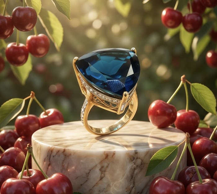 Atlantica rare trillion cut 10.9 carat authentic London Blue Topaz 22K Gold over .925 Sterling Silver Handcrafted Ring size 6 1/4 - Close-up of Atlantica ring with 10.9 ct London Blue gemstone.
