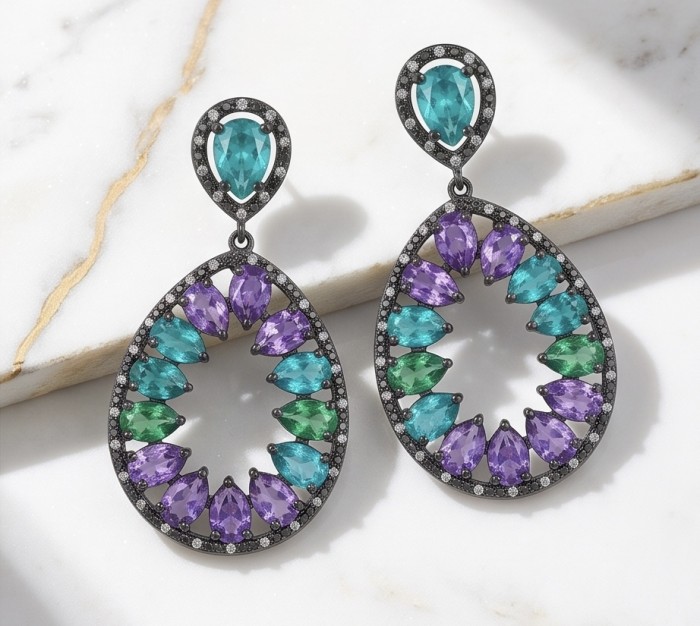 Angelina 17.9 carat authentic Aquamarine Amethyst black rhodium over .925 Sterling Silver Handcrafted Earrings - Dangling earrings with aquamarine, amethyst stones on marble background.