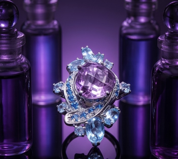 RARE BEAUTY! Valentina 15.9 carat Amethyst .925 Sterling Silver dipped in rhodium Statement Handcrafted Ring size 6 - Amethyst and blue gemstone ring close-up with purple bottles.