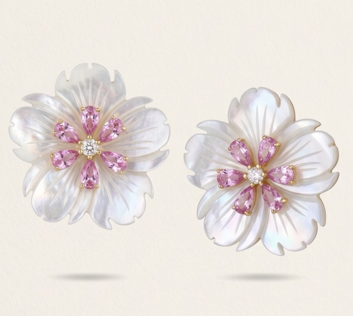 Genuine Blister Pearl 0.4 carat lab grown Diamond 18K Gold over .925 Sterling Silver handcrafted Statement Earrings - Floral earrings with pink stones and pearls, front view